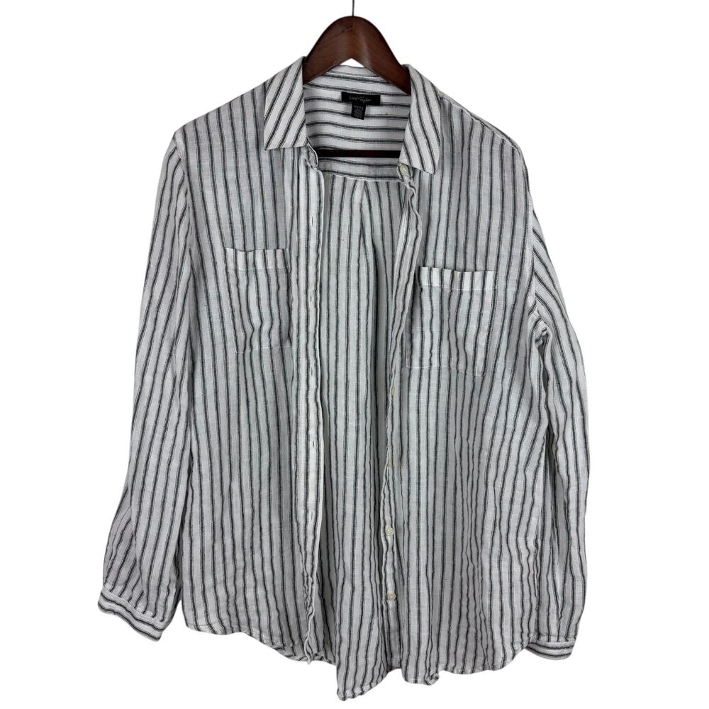 Lord + Taylor Gray White Striped Linen Long Sleeve Button Down Shirt Women Large